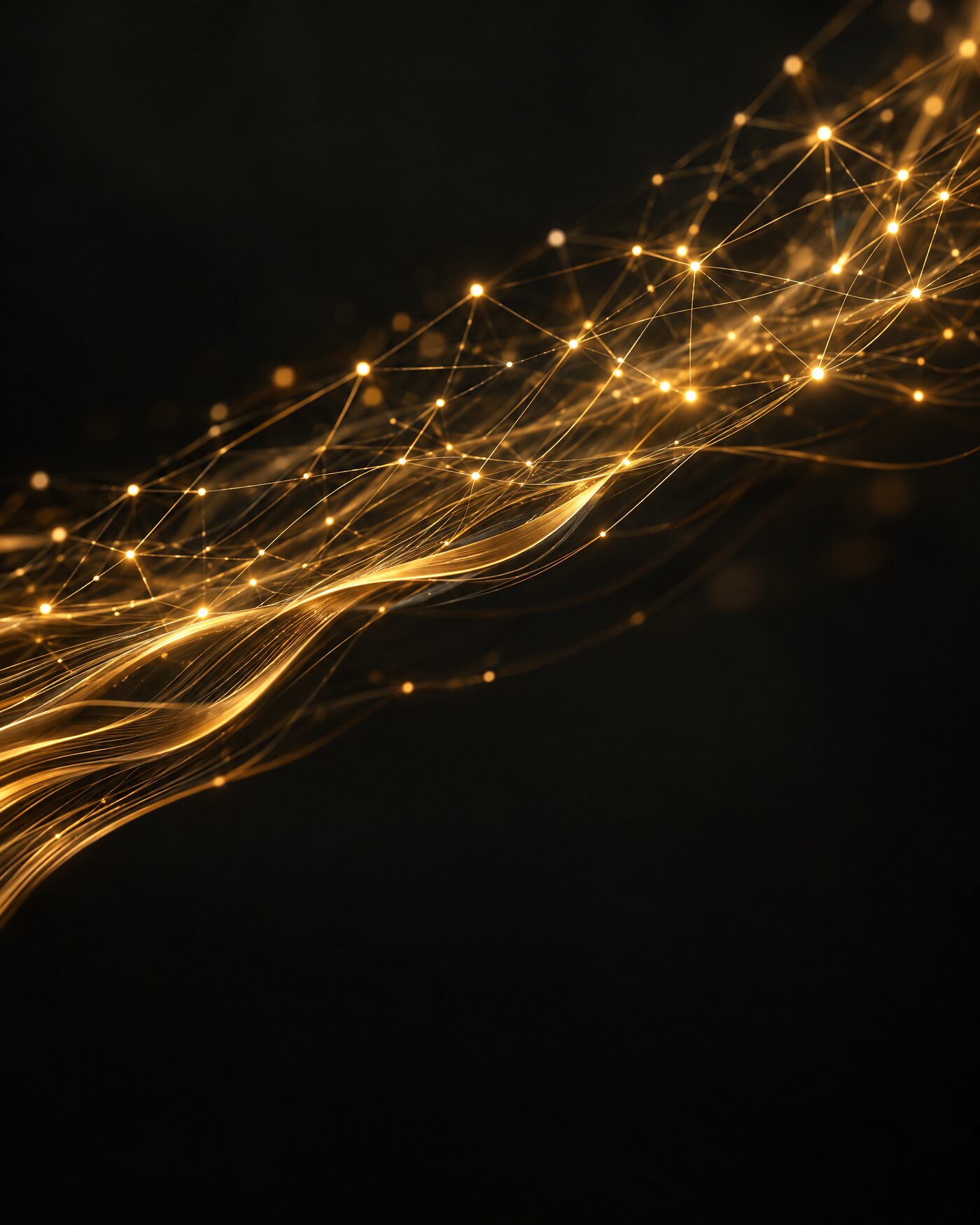 Golden strands of connected light sweeping forward across a dark field